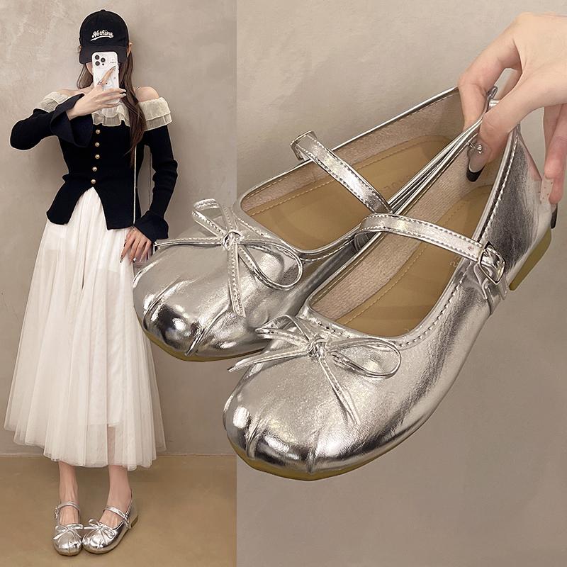 Fashion Silver Bowtie Mary Jane Pumps Fashion Women Round Toe Pu Leather Party Shoes Autumn New Woman Low Heels Wedges Buckle Shoes
