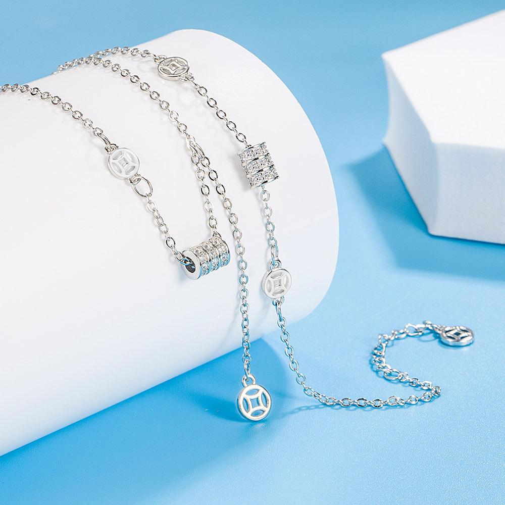 Retro National Style Copper Coin Full Diamond Cylinder Bracelet Necklace Set Female Elegance Temperament Versatile Wealth Rolling Bracelet Chain