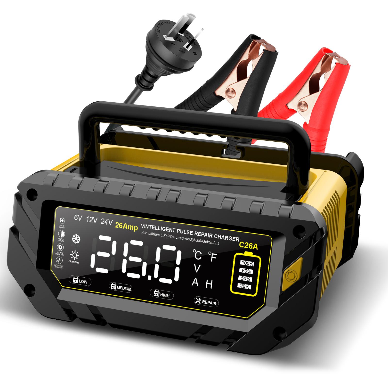 HTRC 30A/26A 6V/12V/24V Car Battery Charger for Motorcycle Lead-Acid SLA Gel Lithium LiFePo4 Portable Smart Battery Charger 26A-AU Plug