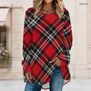 Women Plus Size Red Plaid Printed Round Neck Long Sleeve Loose Fit High Low Hem T Shirt