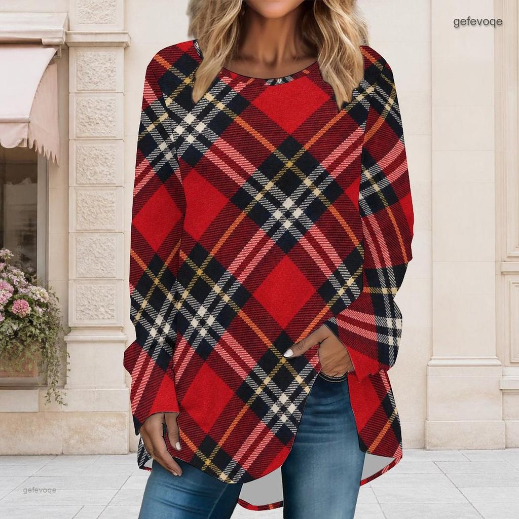 Women Plus Size Red Plaid Printed Round Neck Long Sleeve Loose Fit High Low Hem T Shirt