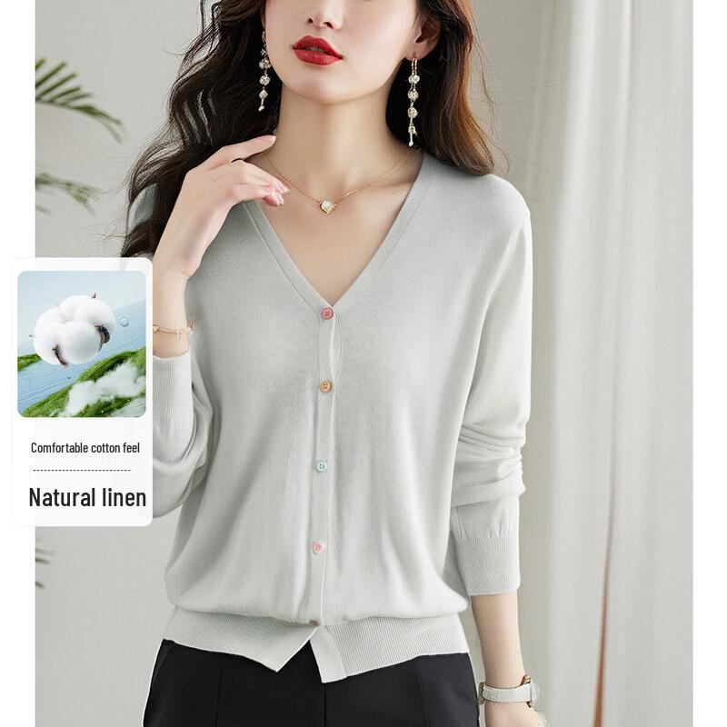 SNOWFLYING Women s Linen Blend V-Neck Cardigan S