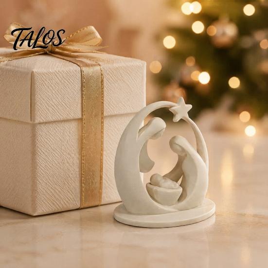 Small Desktop Art 3D Printed Holy Family Ornament, Abstract Crescent Sculpture with Statue Star, Religious Decoration for Christmas Fireplace