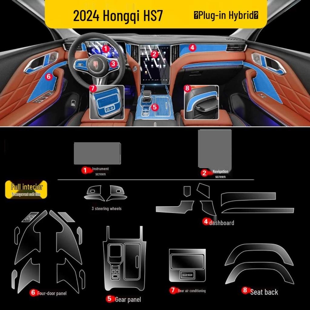 Compatible Interior Films for 25 Hongqi HS7 Models - Includes Instrument Navigation Screen, Gear Shift Stickers, HD TPU Film
