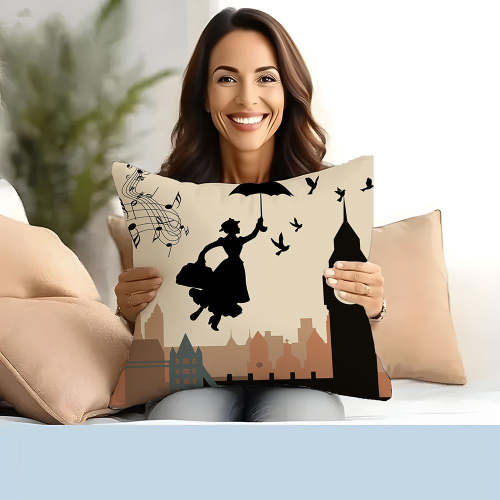 1pc Mary Poppins Silhouette Throw Pillow Cover, London Cityscape with Big Ben & Umbrella Design, Decorative Pillowcase for Home