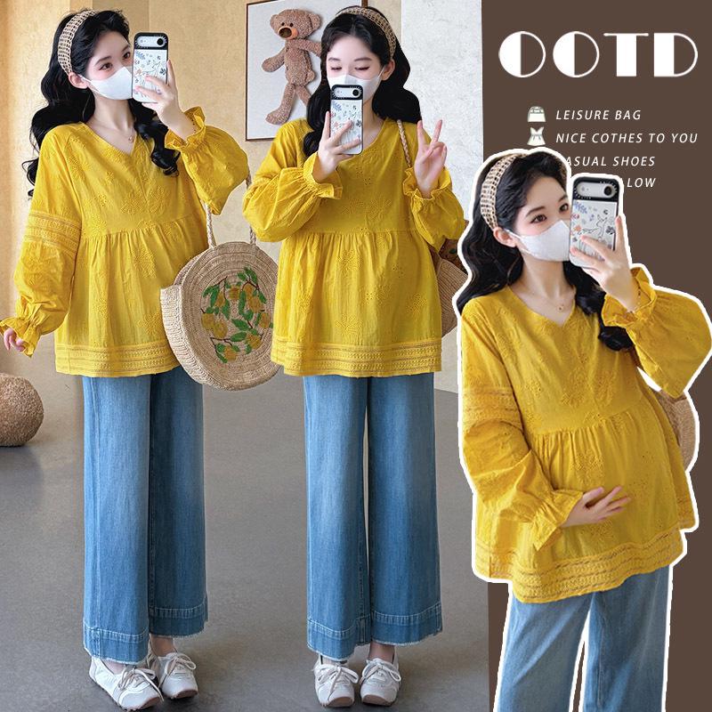 2026 Spring Maternity Yellow Puff Sleeve V-Neck Loose Top 2XL