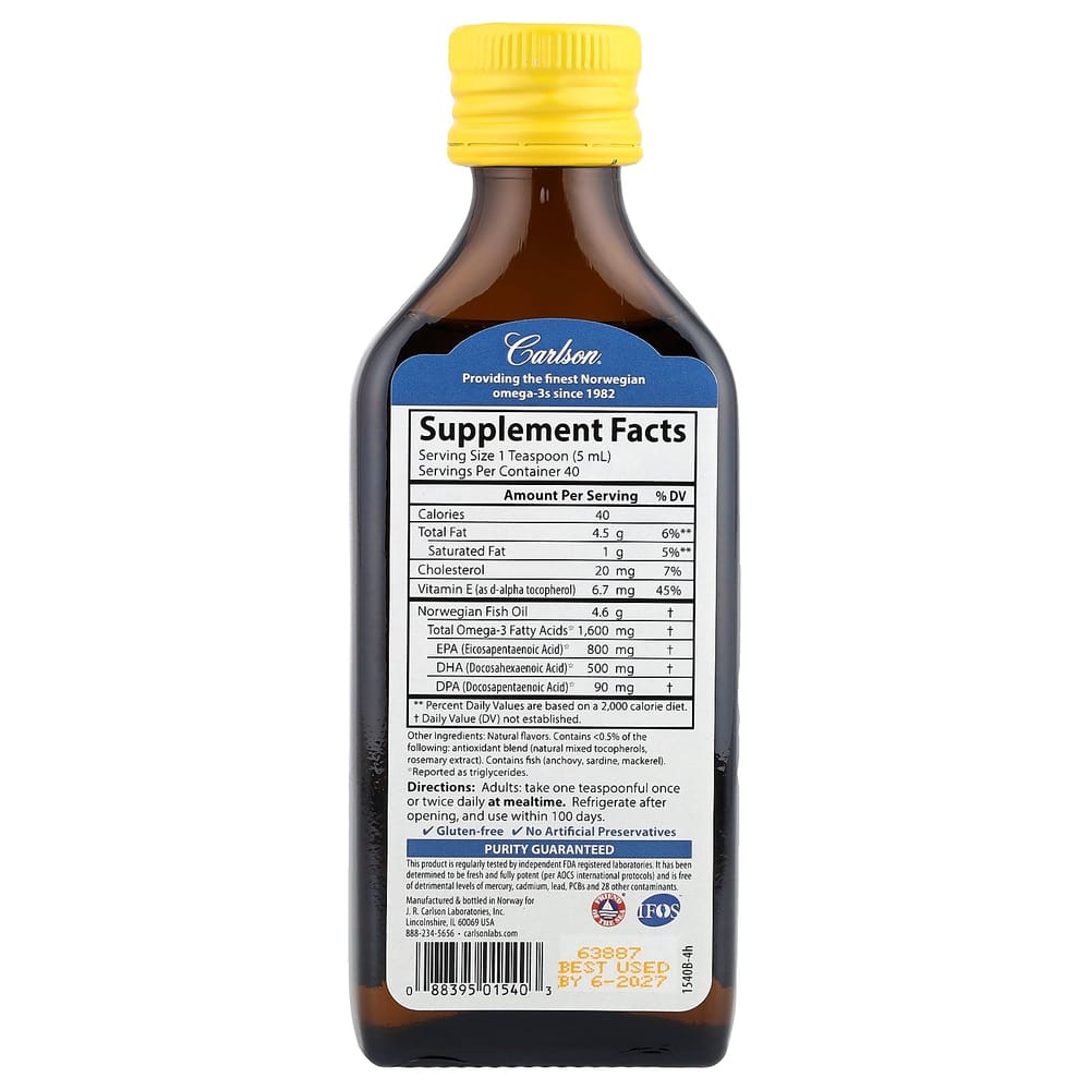 Carlson Labs Norwegian Fish Oil, Lemon Flavor, 1600mg, 200ml (6.7 fl oz)