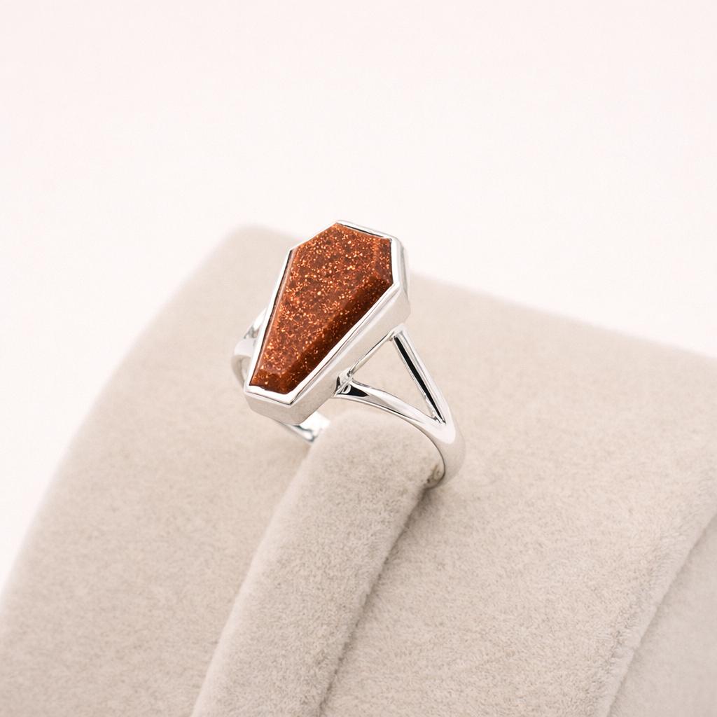 Handmade Sterling Silver Brown Goldstone Coffin Ring, Gothic Gemstone Ring, Prong Set Statement Jewelry, Gift for Her