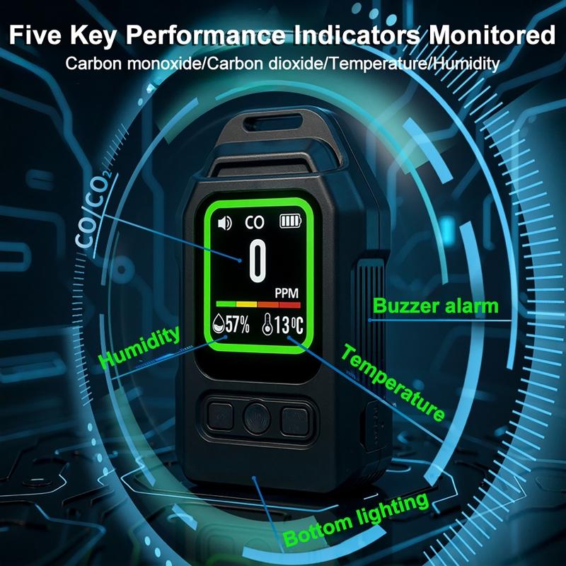 New 4 IN 1 Carbon Monoxide Detector with Alarm LCD Display Screen Humidity Temperature Detection CO Detector for Outdoor Air Concentration Monitoring
