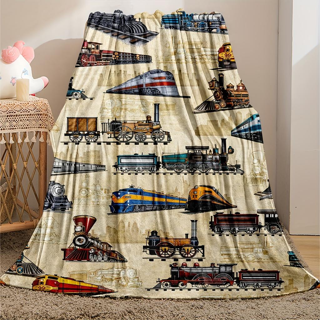 Cozy Train-Themed Flannel Throw Blanket - Soft, Warm & Lightweight for Couch, Bed, Travel, and Office Use - Versatile All-Season