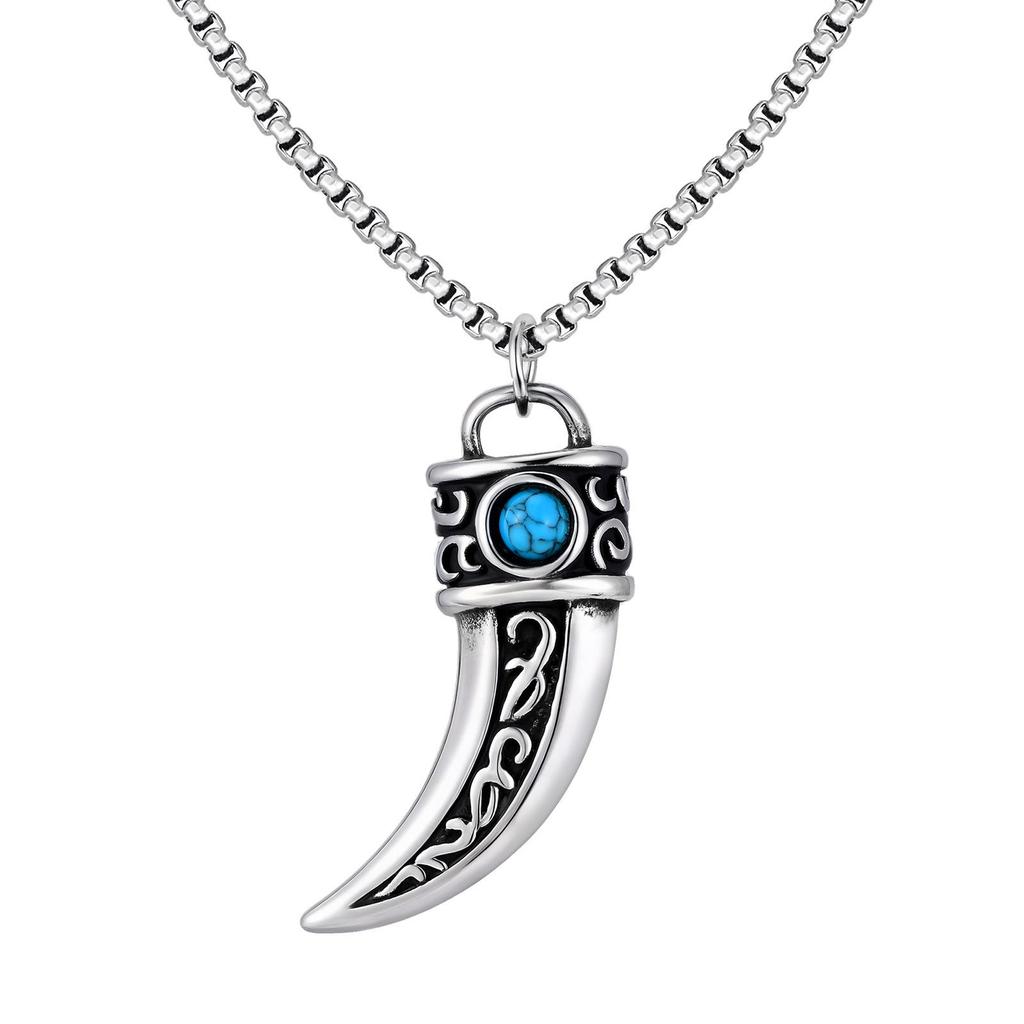 Stainless Steel Men's Retro Cross Pendant Necklace with Turquoise Horn - Steel Color PN-2233.