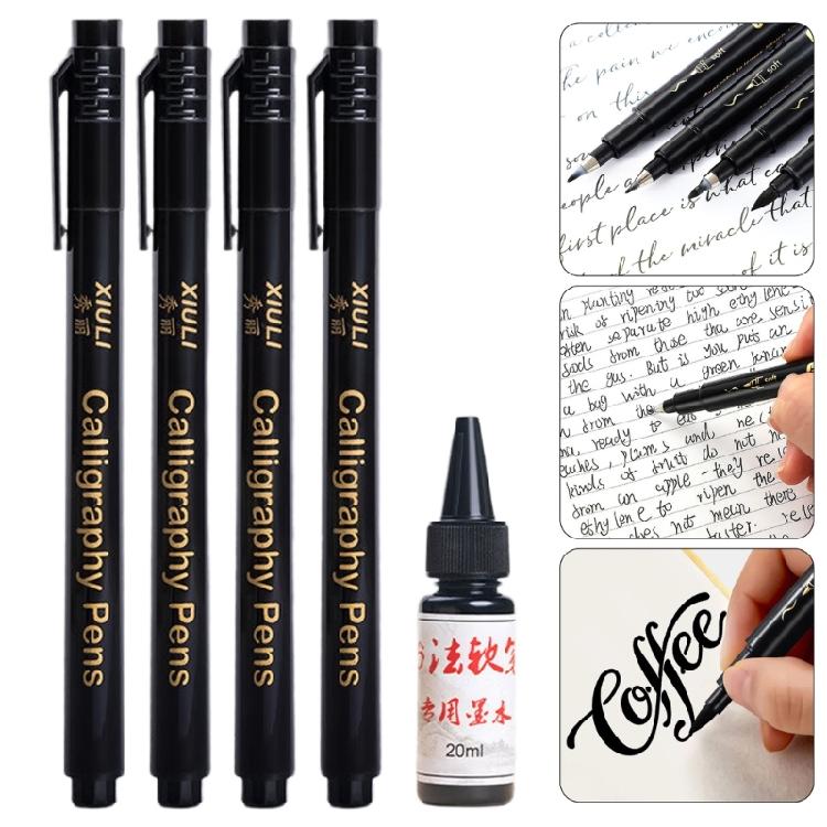 4Pcs Refillable Soft Grip Calligraphy Pen Set Includes 25ML Black Inks for Handwriting Sketching Art Illustrastions