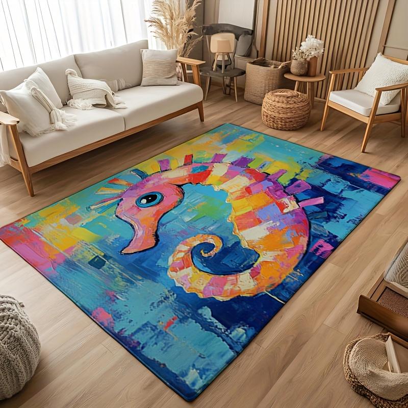 Colorful Seahorse Printed Flannel Bath Mat With Artistic Paint Style Soft Non Slip Rug For Bathroom Or Home Decor
