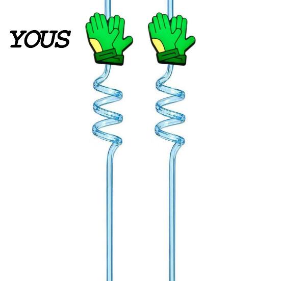 Reusable PET Straw 2Pcs Soccer Theme Spiral Straws, Curved Drinking Washable Straws with Football Charm, World Mug Party Beverage Decor Bendable