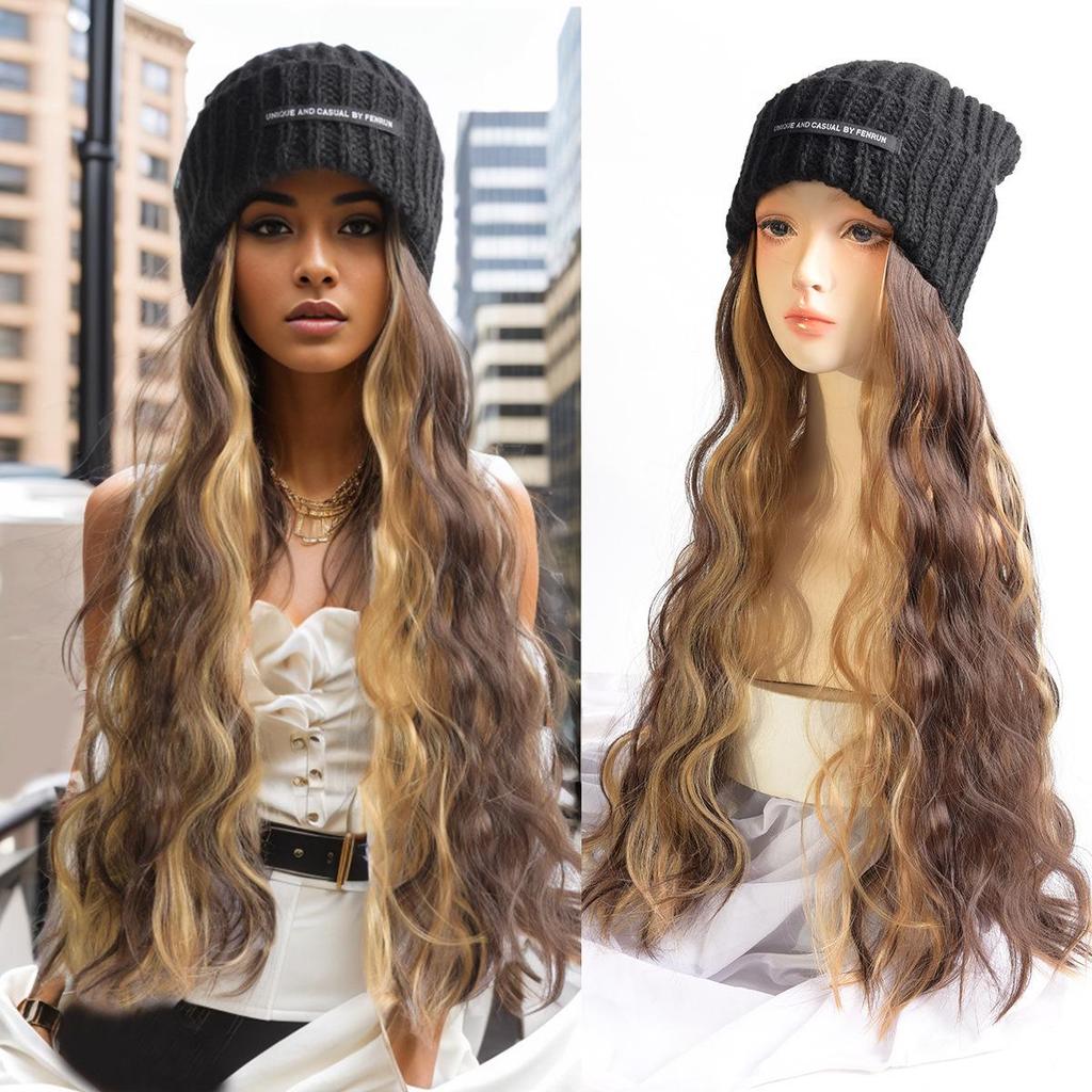 Avrupa-Amerikan Sınır Ötesi Uzun Kıvırcık Peruk Bere Su Dalgası Vurgulu