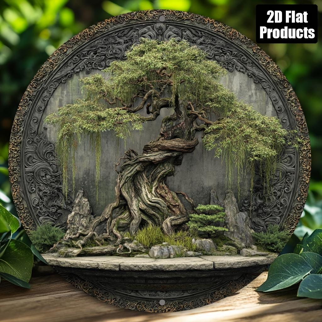 D Metal Sign Round Tree Theme Metal Wall Art Home Bar Cafe Office Decor for All Seasons Holiday Gift