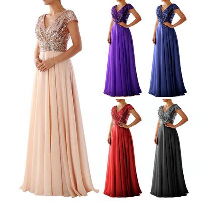 V-Ausschnitt Kurzarm Taillenbetont Hochtailliertes Maxikleid Elegant Pailletten Chiffon Plissierter Saum Steppnaht Abendkleid Damenbekleidung