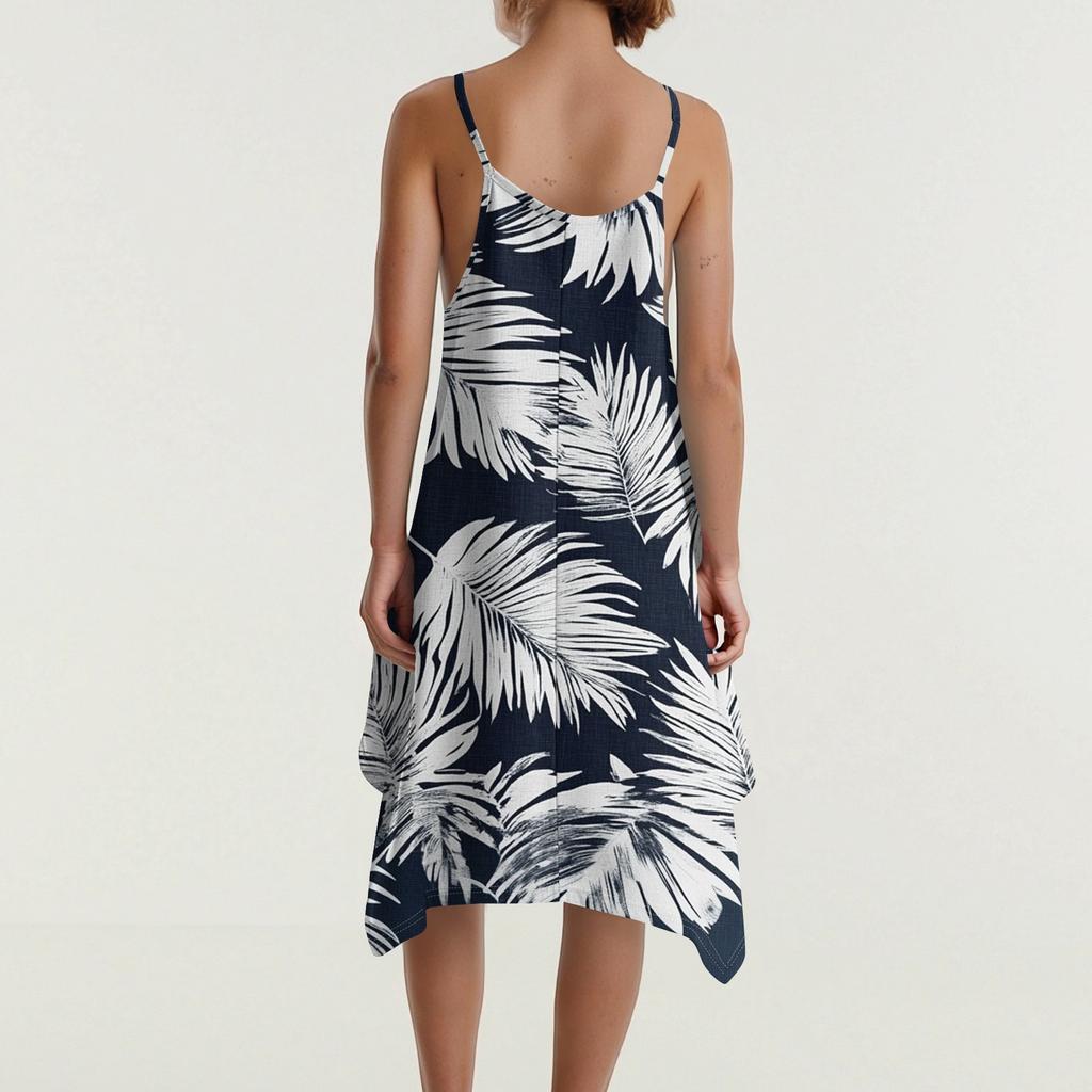 Women's Summer Casual Vintage Floral Print Round Neck Adjustable Suspender Dress With Pockets