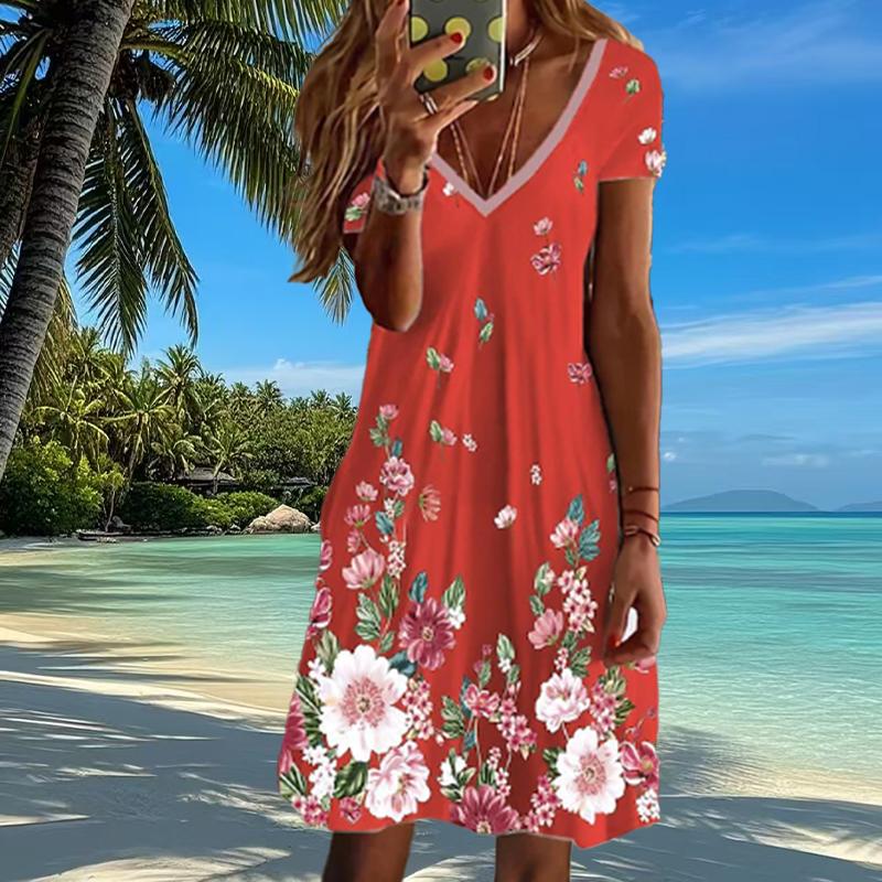 Sommermode Damen V-Ausschnitt Kurzarm Retro Blumenmuster Kleid Sex Kurzer Rock Kleider