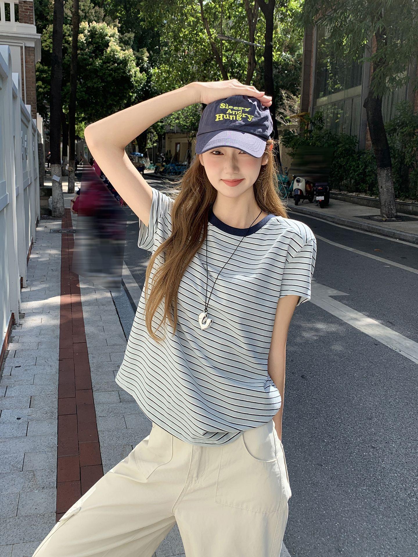 

Korean striped contrasting color round neck short-sleeved T-shirt women s summer new simple casual loose and thin top S