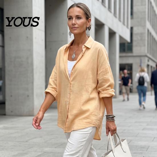Casual Long Sleeve Tops Women Button Front Shirt, Turndown Collar Blouse, Relaxed Fit Solid Color Drop Shoulder Fall Top for Daily Wear