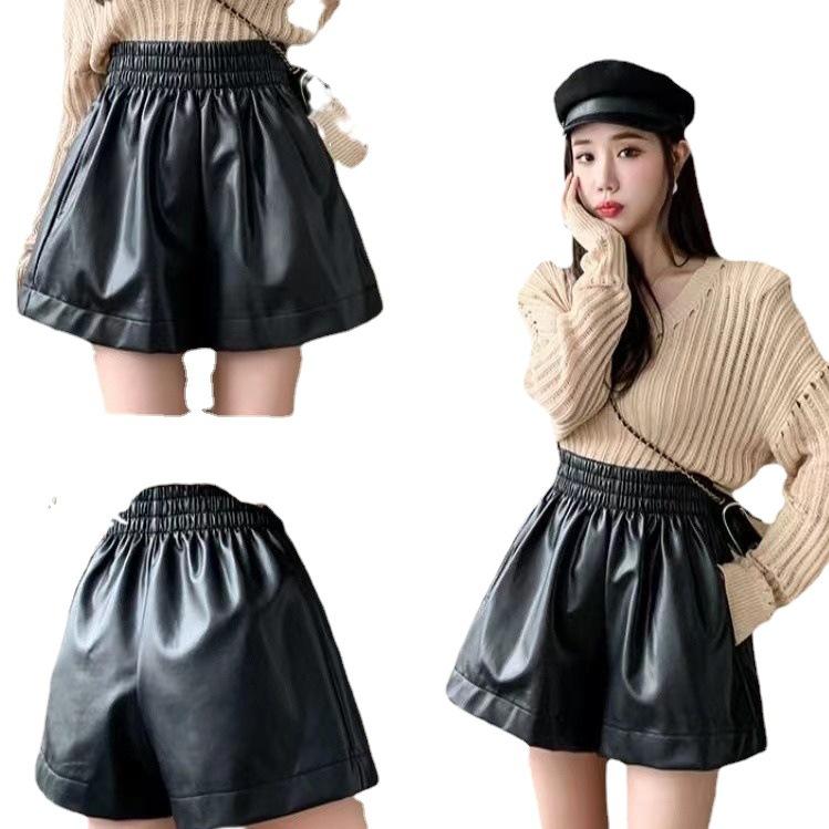 Damen Herbst 2026 Oberbekleidung High Waist A-Linie Schlankmachend Weiter Bein PU-Leder Shorts Kaffee Mini-Shorts Vielseitig Schlank Geschnitten Heße Shorts