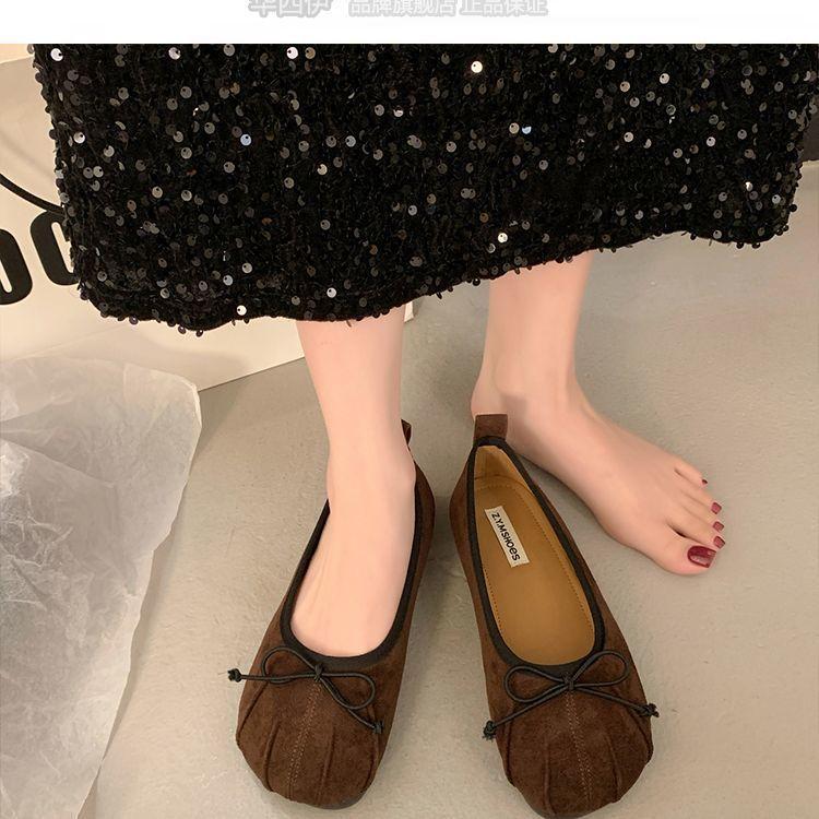 French retro suede light mouth single shoes women's 2025 early spring new shoes flat bow ladyshoes Doudou shoes