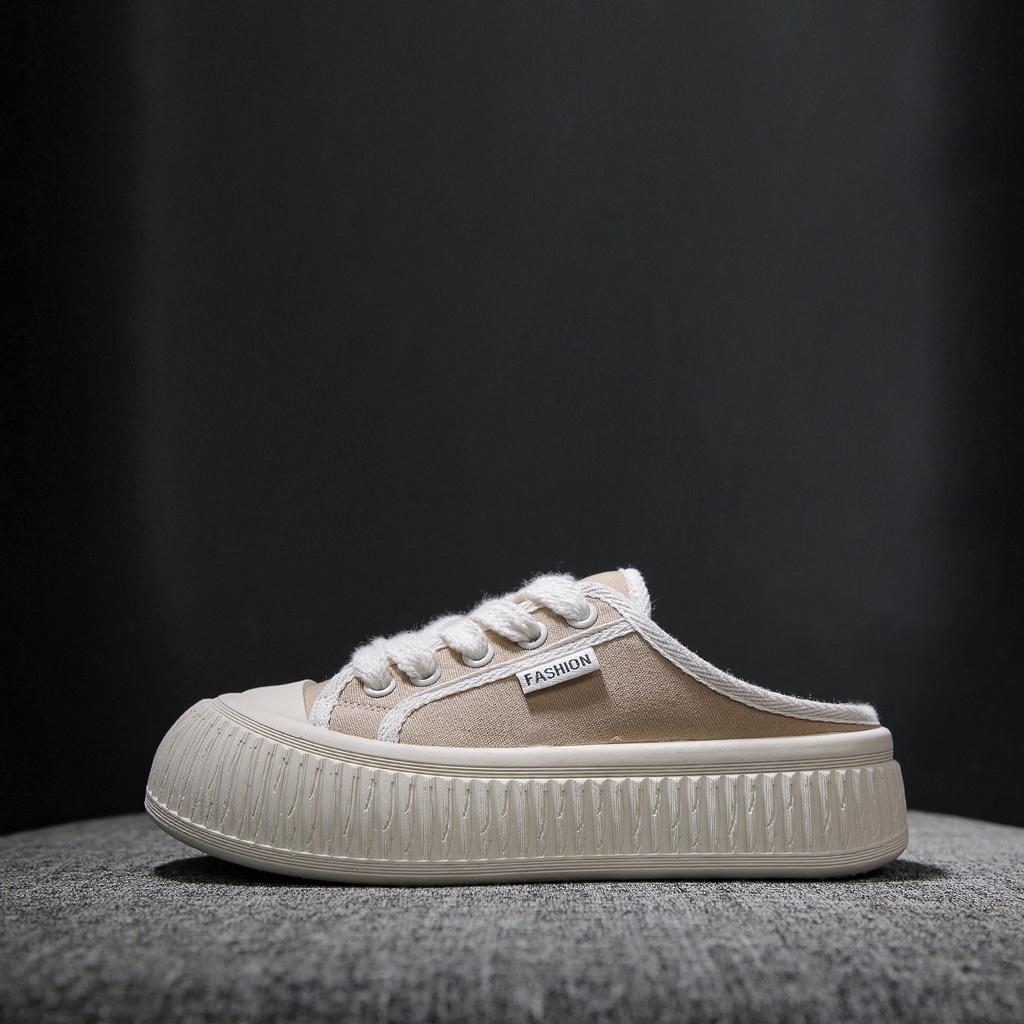 Half Dragged White Shoes for Women Breathable and Casual Canvas Shoes