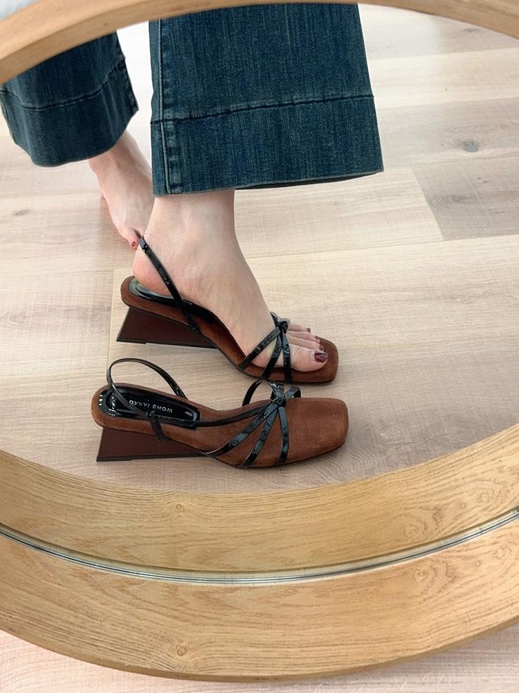 Sheepskin Version~ French Temperament One-word Thin Strap Wedge Sandals Women's Head with Skirt Open-toed High-heeled Roman Sandals