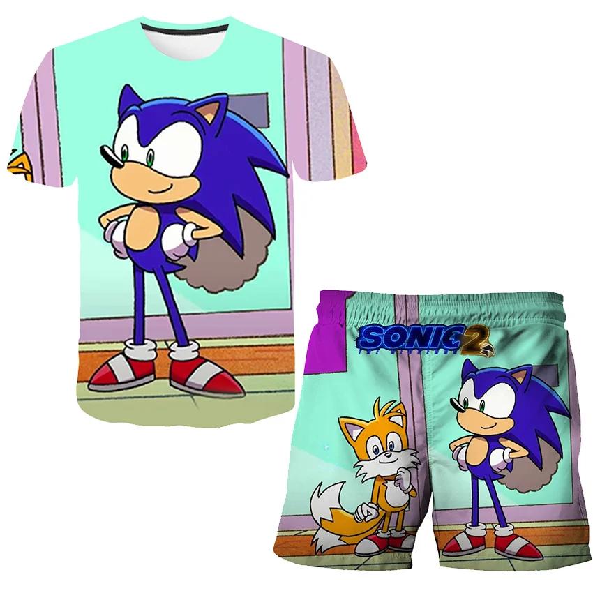 2025 MINISO New boys and girls super sonic Tshirts+shorts  Harajuku Sonic print suit T-shirt + shorts fashion street style children's short sleeves