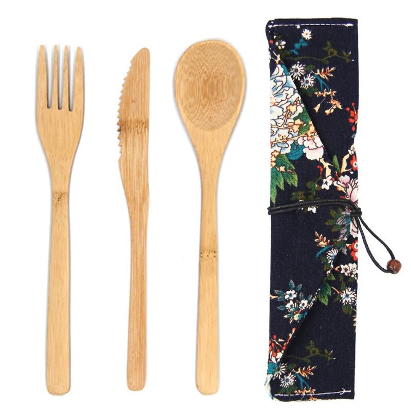 3Pcs/set Wooden Dinnerware Set Bamboo Fork Knife Soup Teaspoon Catering Cutlery Set With Cloth Bag Kitchen Cooking Tools Utensil
