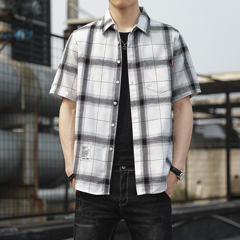 Summer Port Style Loose Lapel Men's Checkered Short-sleeved Shirt Fashion Brand Youth Casual Shirt Men's Cardigan Trend