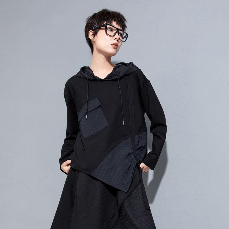 Women's Plus Size Irregular Hooded Patchwork Sweatshirt with Ribbon - Casual Long Sleeve