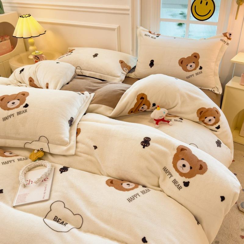 Thickened Milk Fleece Four-Piece Set, Coral Flange Double-Sided Fleece Quilt Cover, Bed Sheet, Bed Hat Three-Piece Set