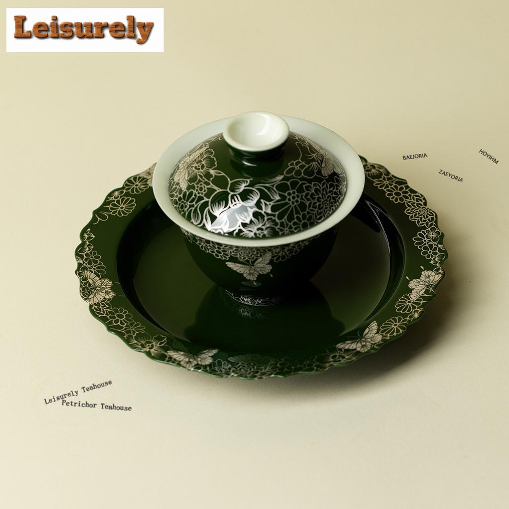 111ml Green Ripples Flow Butterfly Flower Gaiwan Aesthetic Tea Tureen Tea Bowl With Lid Kit Tea Brewing Cover Bowl Tea Item Gift