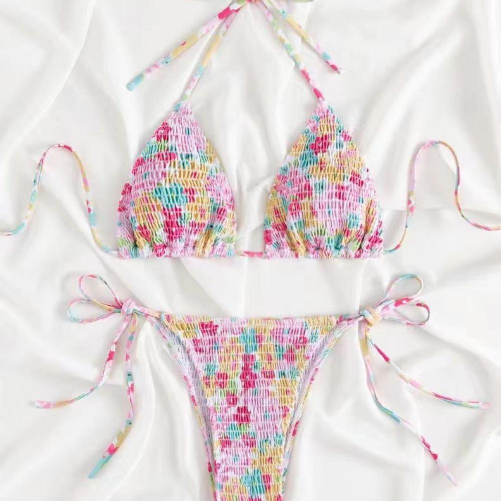 

Бикини Раздельный купальник женский Раздельный шейный ремешок Стальное кольцо Цветочный тонкий Пляжный отдых L