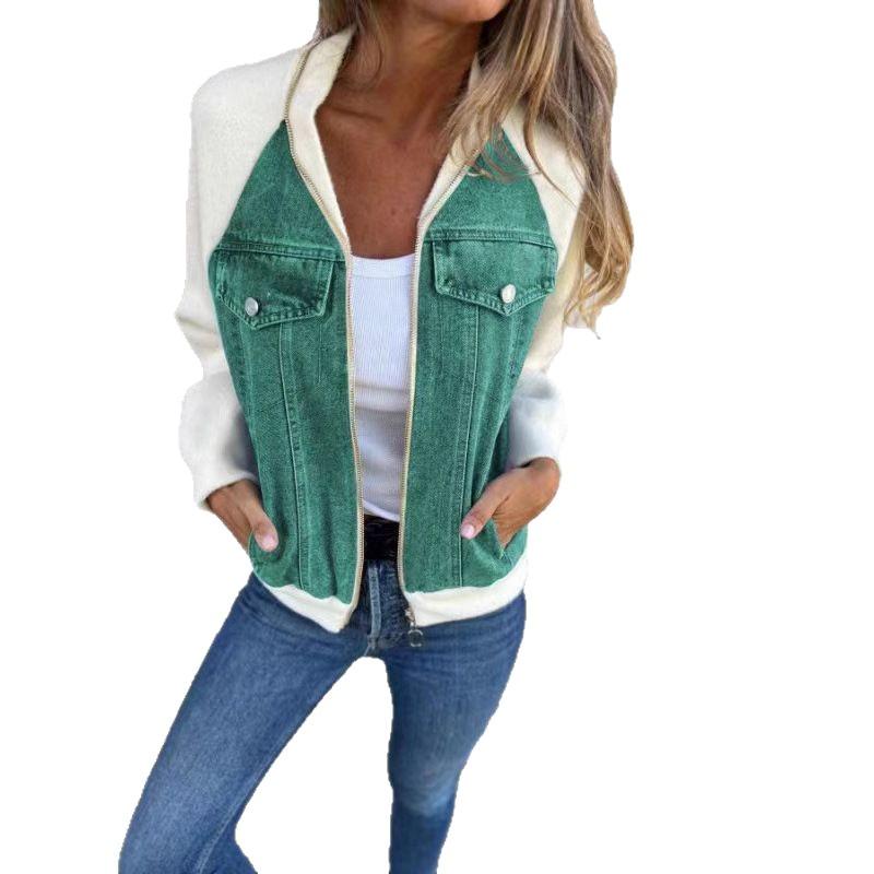 2024 Autumn/Winter Women's Denim Patchwork Raglan Sleeve Jacket - Casual Fashion