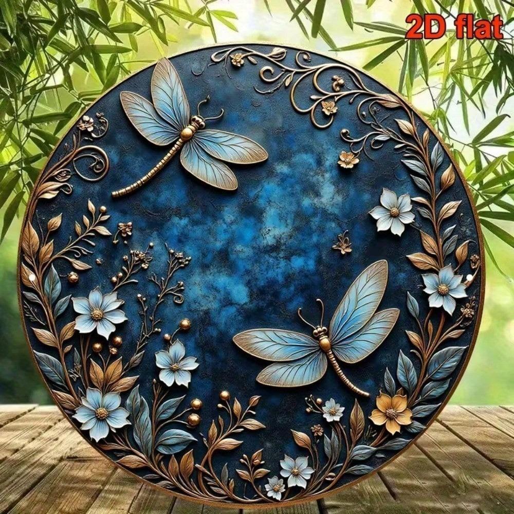 Vintage Gold Dragonfly Floral Metal Wall Art 8 Inch Retro Blue Aluminum Sign Living Room Bedroom Decor