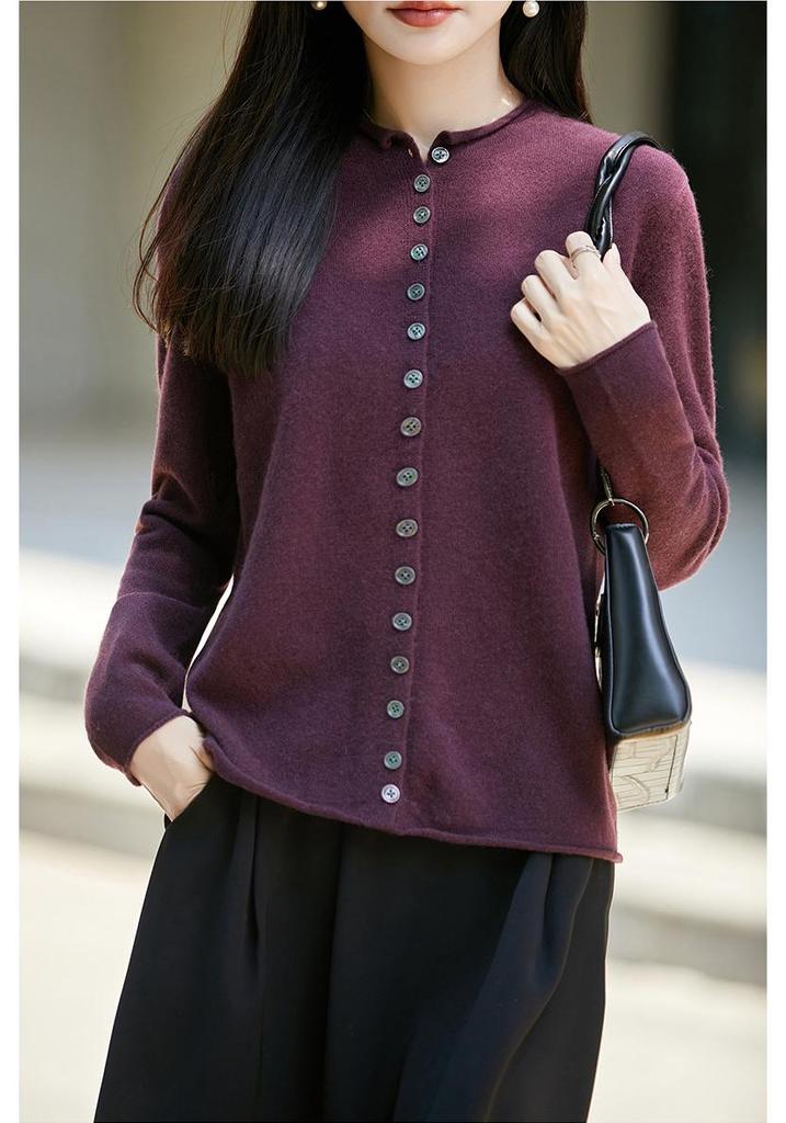 Women's 100% Wool Round Neck Button-Up Cardigan: Autumn/Winter Rolled Hem Knit Sweater