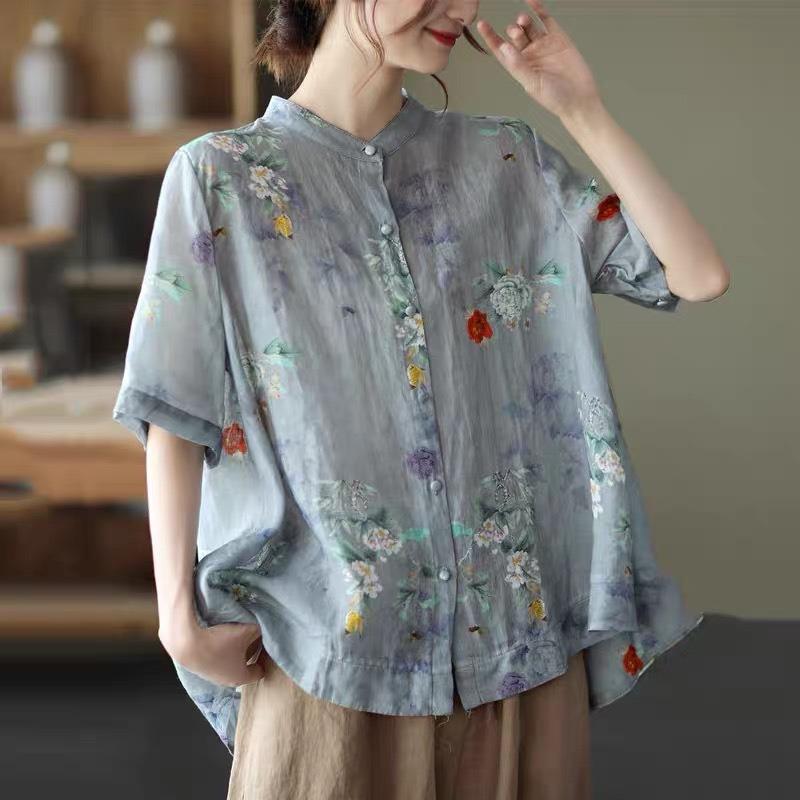 Summer Japanese and Korean Printed Cotton and Linen Blouse Ladies Loose Temperament Shirt Short-sleeved Shirt