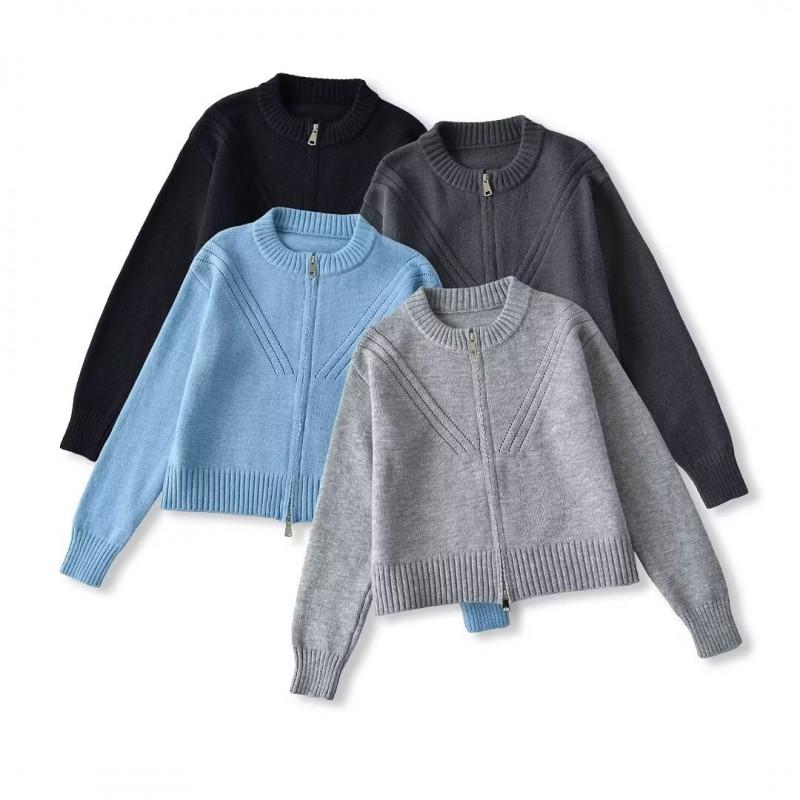 Womens Short Cropped Knit Cardigan With Zipper Round Neck Casual Streetwear Sweater