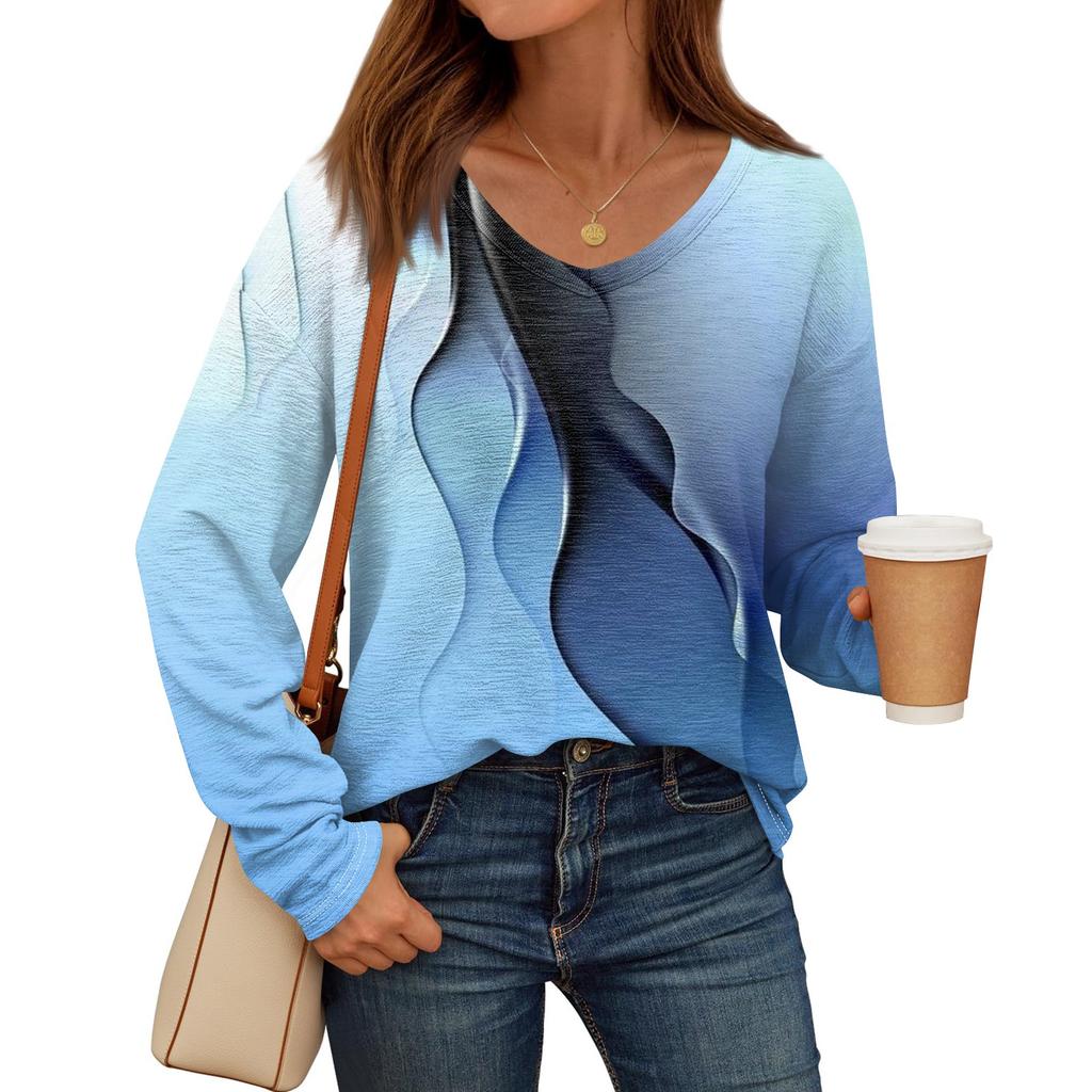 Damen Langarmshirt mit V-Ausschnitt, Basic-T-Shirt, lässiges Top, trendige Tunika-Outfits für den Herbst, tailliertes T-Shirt