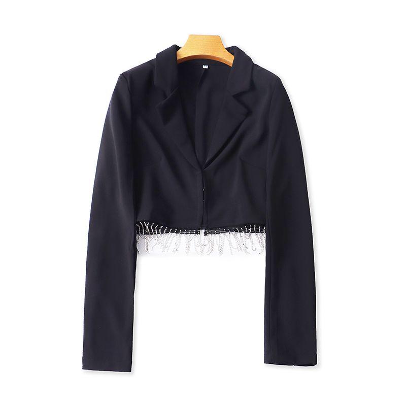 

Европейский и американский западный стиль, короткий костюм с лацканами и кисточками, летний новый, пупок, модный, женский, облегающий топ, верхняя одежда 15224 Black L