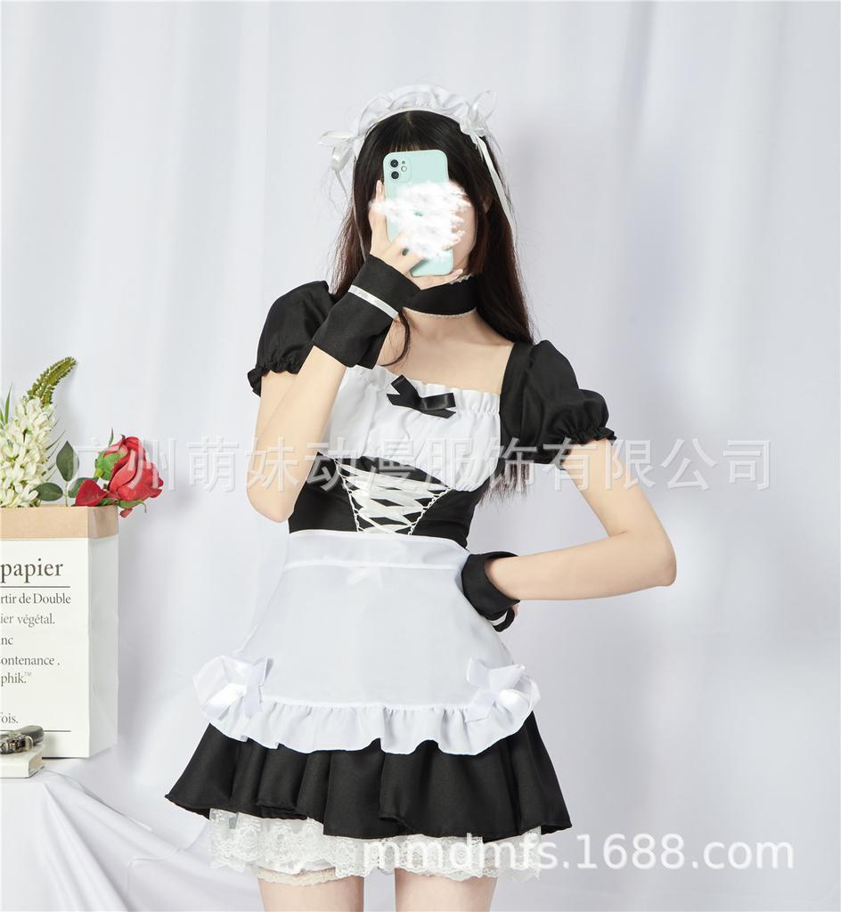 Cute Maid Sexy Lace Strap Waist Dress Black and White Alluring Uniform Clothes