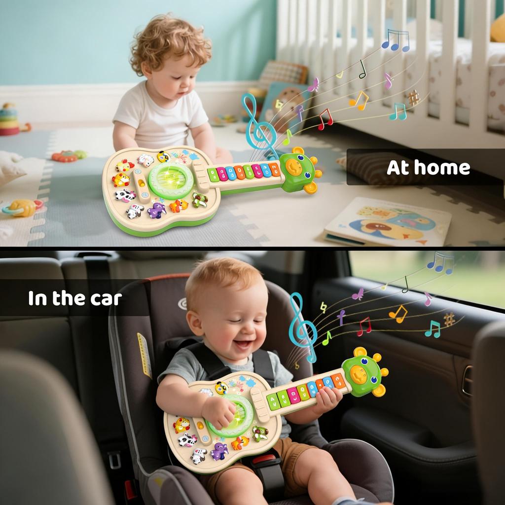 Elektronische Gitarre für Kinder, Babyklavier mit Tiergeräuschen, Farberkennung, Lichter & Melodien Lernspielzeug, Grüne Giraffe