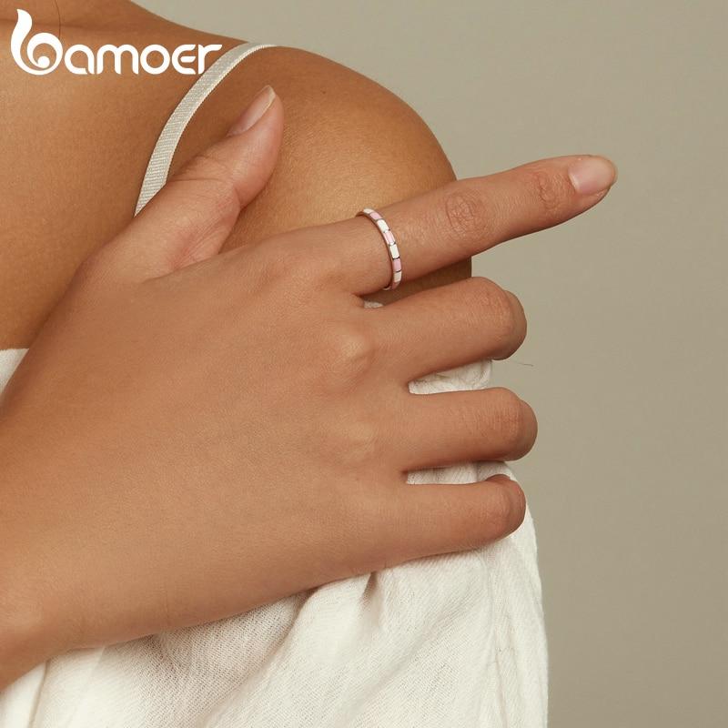 Bamoer 925 Sterling Silver Simple Check Ring Size 6 7 8 9 for Women Light Pink & White Color Ring Fine Jewelry Wedding Gift
