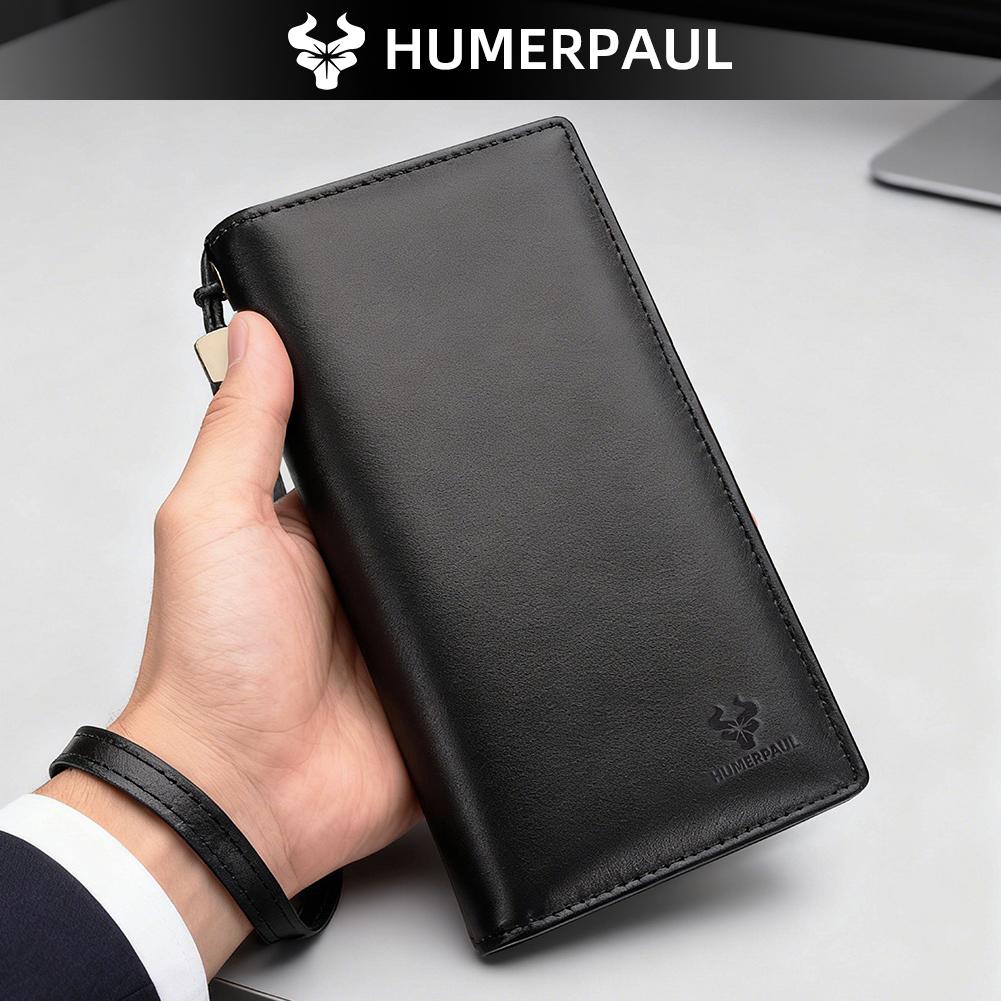 Humerpaul Męski portfel długi kopertówka z okienkiem na zdjęcie ze skóry bydlęcej, przenośny, z ochroną RFID, antymagnetyczny