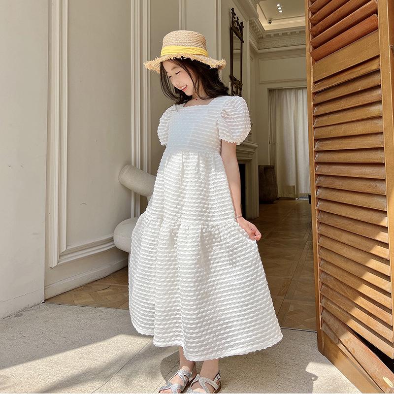23 Summer Girls' Formal Square Neck Princess Long Dress - Fashionable Sweet Performance Outfit for Middle and Big Children