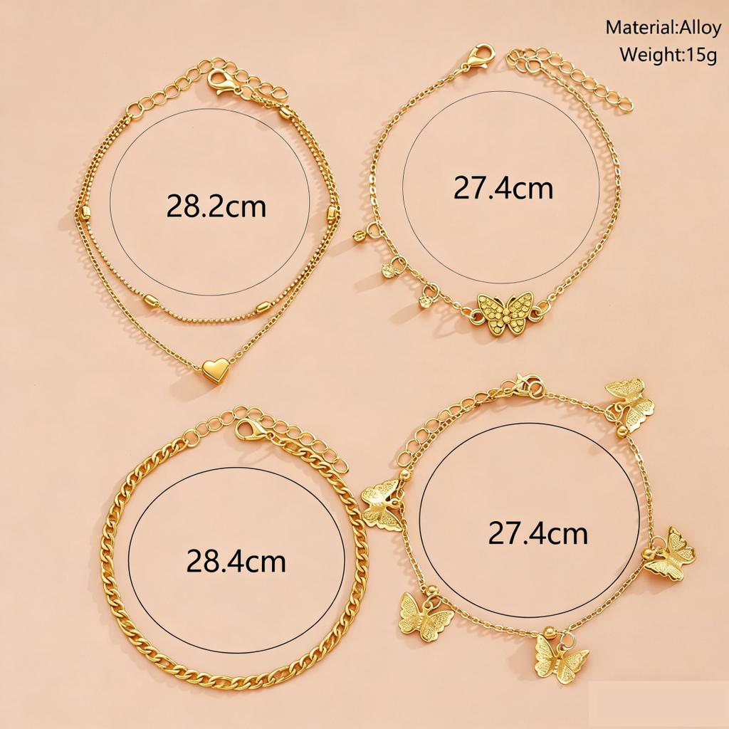4-piece Gold Butterfly Multi-layer Anklet Set, Creative Beaded Heart Chain Anklet, Suitable for Vacation and Beach Wear.
