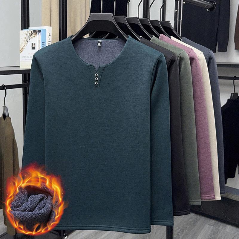 2025 Men's V-Neck Long Sleeve Plus Velvet Thickened T-shirt - Autumn/Winter, Youth Plus Size, Solid Color Base Layer